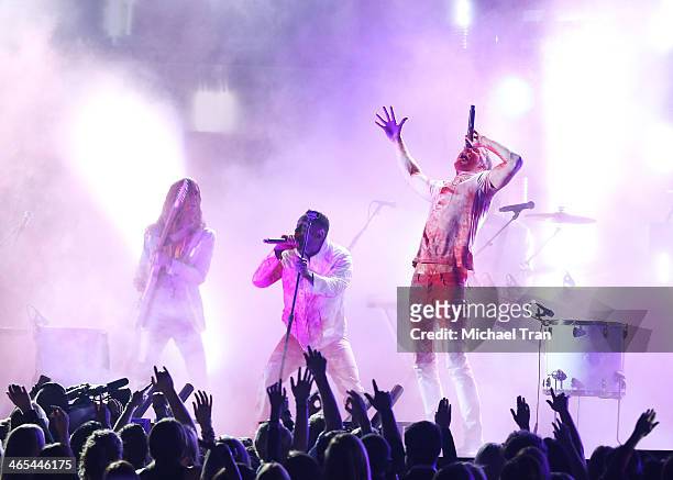Kendrick Lamar and singer Dan Reynolds of Imagine Dragons perform onstage during the 56th GRAMMY Awards held at Staples Center on January 26, 2014 in...