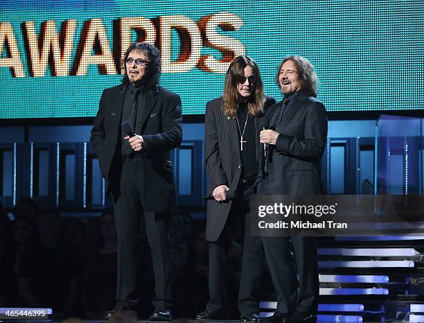 Tony Iommi, Ozzy Osbourne and Geezer Butler of Black Sabbath speak onstage during the 56th GRAMMY Awards held at Staples Center on January 26, 2014...