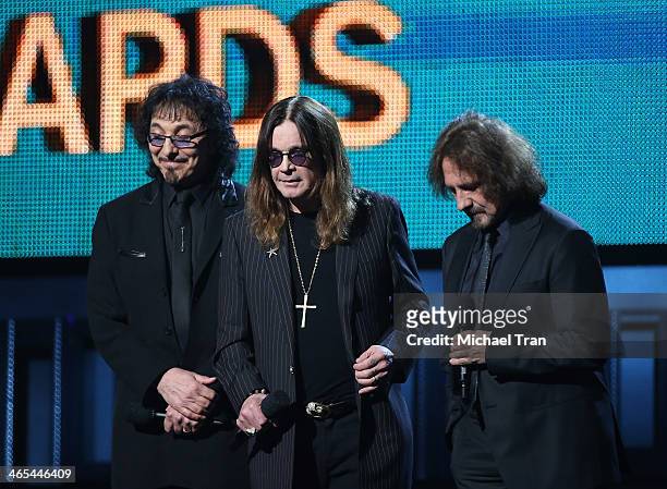 Tony Iommi, Ozzy Osbourne and Geezer Butler of Black Sabbath speak onstage during the 56th GRAMMY Awards held at Staples Center on January 26, 2014...