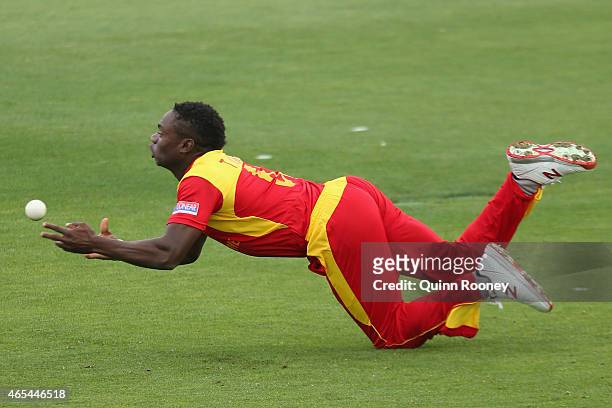 Tawanda Mupariwa of Zimbabwe drops a catch during the 2015 ICC Cricket World Cup match between Zimbabwe and Ireland at Bellerive Oval on March 7,...