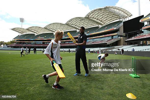 Taskin Ahmed of Bangladesh during the ICC Charity Coaching Clinic with the Woodville Rechabite Cricket Club at the Adelaide Oval on March 7, 2015 in...