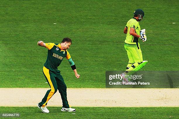 Dale Steyn of South Africa celebrates the wicket of Shahid Afridi of Pakistan during the 2015 ICC Cricket World Cup match between South Africa and...