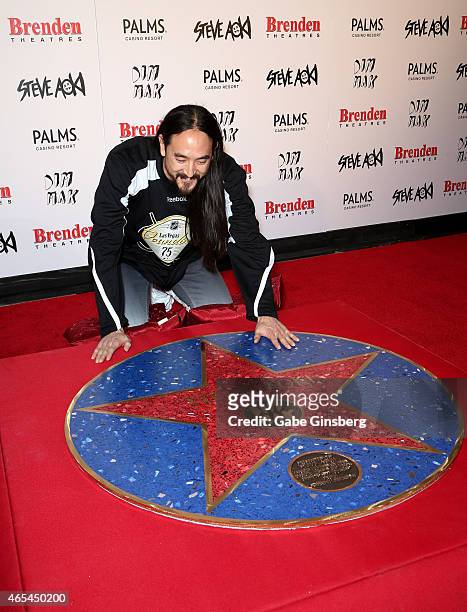 Producer Steve Aoki receives the Brenden Celebrity Star at Brenden Theatres inside the Palms Casino Resort on March 6, 2015 in Las Vegas, Nevada.