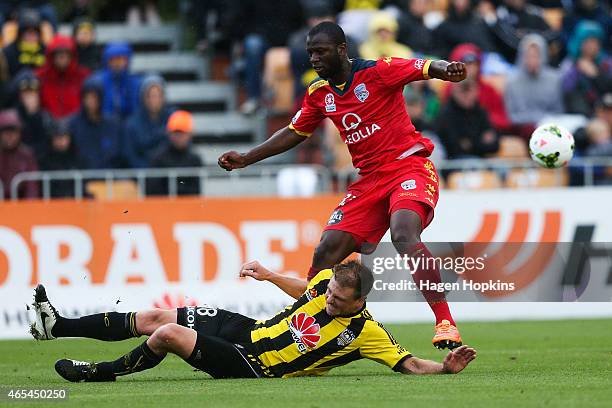 Ben Sigmund of the Phoenix blocks a shot at goal by Bruce Djite of Adelaide United during the round 20 A-League match between the Wellington Phoenix...