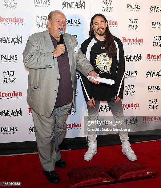 Television host and writer Robin Leach speaks as DJ/producer Steve Aoki receives the Brenden Celebrity Star during an unveiling event honoring Aoki...