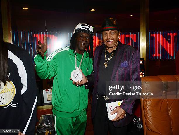 Flavor Flav and Joe Jackson during produce/DJ Steve Aoki's Brenden "Celebrity" Star presentation at Palms Casino Resort on March 6, 2015 in Las...