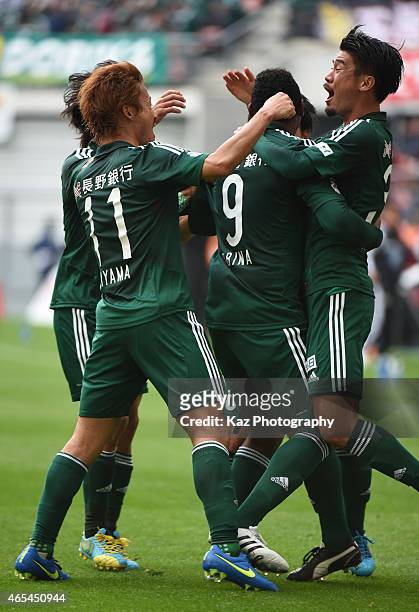 Obina of Matsumoto Yamaga celebrates after scoring a goal during the J. League match between Nagoya Grampus and Matsumoto Yamaga at Toyota Stadium on...
