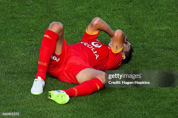 Marcelo Carrusca of Adelaide United lies on the ground injured during the round 20 A-League match between the Wellington Phoenix and Adelaide United...