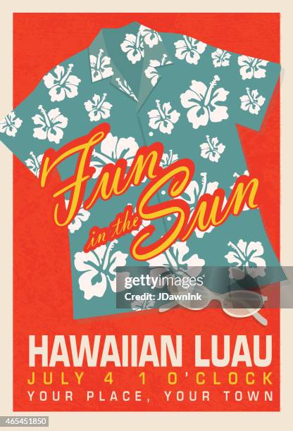 stockillustraties, clipart, cartoons en iconen met retro summer blue hawaiian luau shirt invitation poster design template - hawaiian shirt