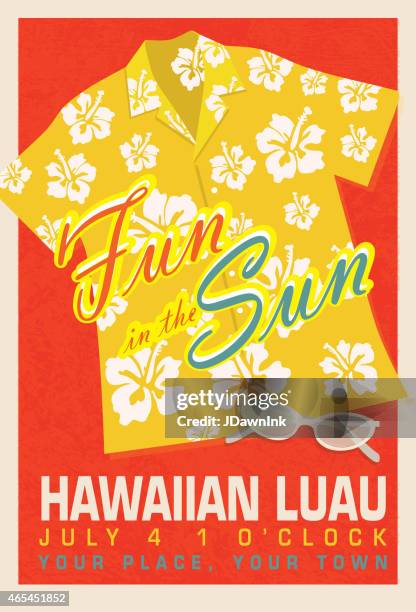 stockillustraties, clipart, cartoons en iconen met retro summer yellow hawaiian luau shirt invitation poster design template - frangipani
