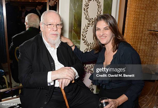 Sir Peter Blake and Tracey Emin, winner of the Outstanding Achievement Award, attend the South Bank Sky Arts awards at the Dorchester Hotel on...