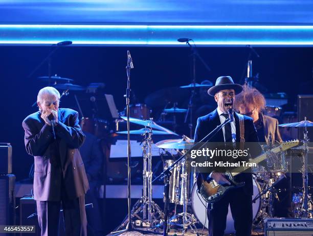 Charlie Musselwhite and Ben Harper perform onstage during the 56th GRAMMY Awards held at Staples Center on January 26, 2014 in Los Angeles,...