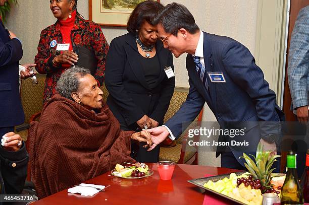 Amelia Boynton Robinson greets Hyundai Executives during the reception honoring the 50th anniversary of the "Selma to Montgomery" March at Rosa Parks...