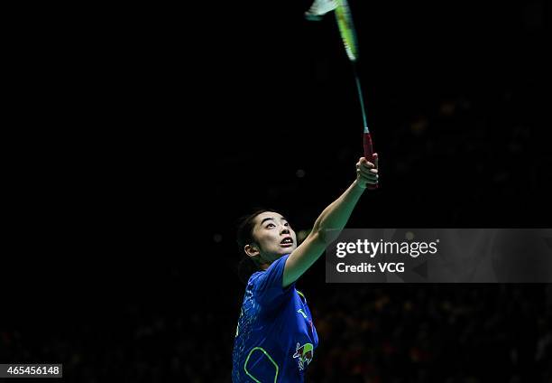 Wang Shixian of China in action during the Women's Singles match against Tai Tzu Ying of Chinese Taipei on day four of YONEX All England Open...