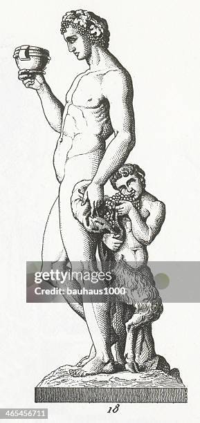 bacchus and a satyr engraving - dionysus stock illustrations