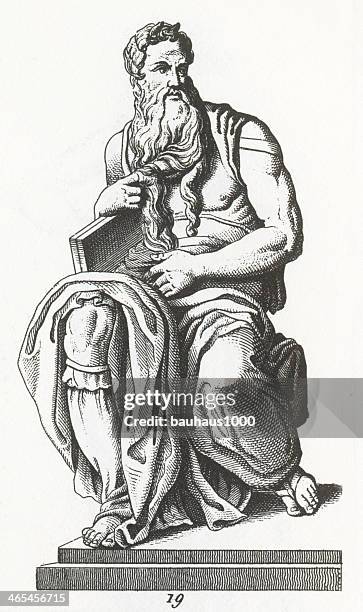 moses statue engraving - moses religious figure stock illustrations
