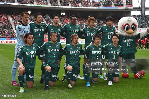 Team photo of Matsumoto Yamada during the J. League match between Nagoya Grampus and Matsumoto Yamaga at Toyota Stadium on March 7, 2015 in Toyota,...