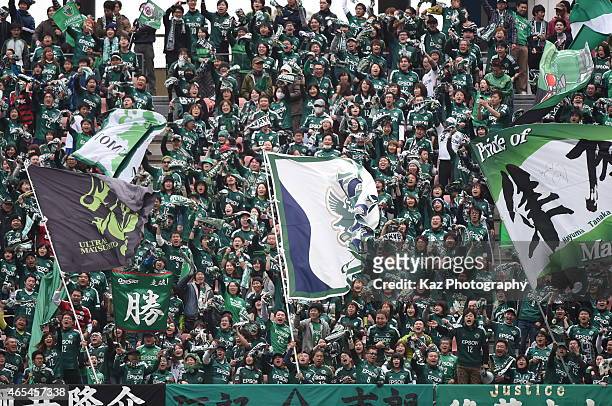 Supporters of Matsumoto Yamaga excited their 2nd goal during the J. League match between Nagoya Grampus and Matsumoto Yamaga at Toyota Stadium on...