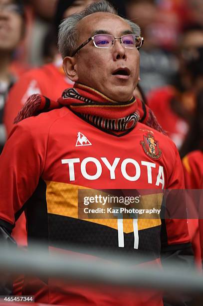 Supporter of Nagoya Grampus during the J. League match between Nagoya Grampus and Matsumoto Yamaga at Toyota Stadium on March 7, 2015 in Toyota,...