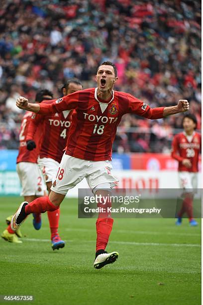 Novakovic of Nagoya Grampus celebrates 3rd goal during the J. League match between Nagoya Grampus and Matsumoto Yamaga at Toyota Stadium on March 7,...