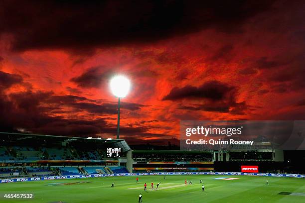 General view of play as George Dockrell of Ireland bowls to Sean Williams of Zimbabwe during the 2015 ICC Cricket World Cup match between Zimbabwe...