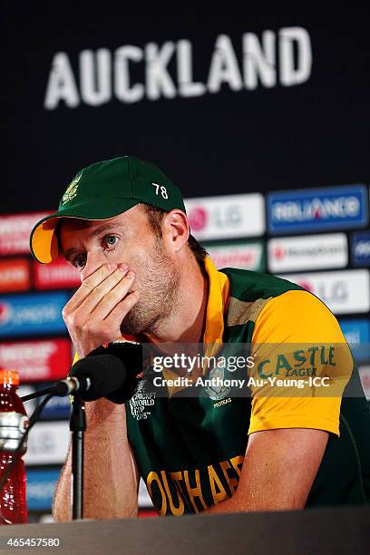 De Villiers of South Africa fronts the media at the press conference after the 2015 ICC Cricket World Cup match between South Africa and Pakistan at...