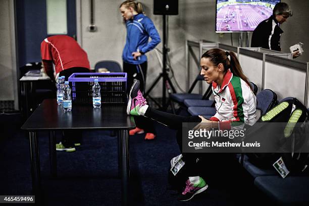 Ivet Lalova of Bulgaria warms upaead of the Womens 60m heats during day two of the 2015 European Athletics Indoor Championships at O2 Arena on March...