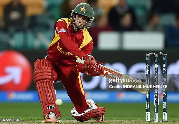Zimbabwe batsman Sean Williams plays a shot at the Bellerive Oval ground during the 2015 Cricket World Cup Pool B match between Ireland and Zimbabwe...