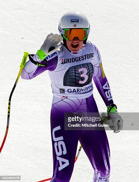 Alice Mckennis of The USA reacts in the finish area after competing in the Audi FIS Alpine Ski World Cup downhill race on March 07 2015 in...