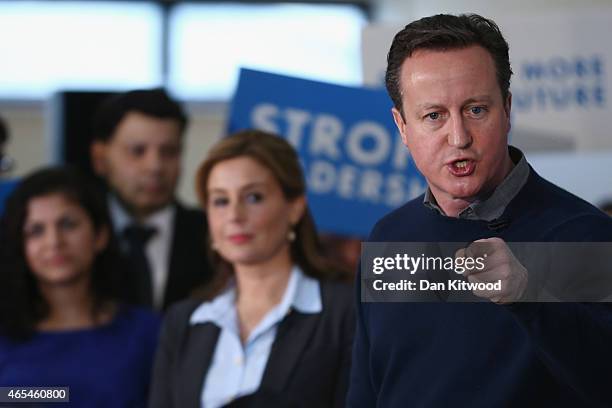 British Prime Minister David Cameron delivers a speech to party supporters at the Dhamecha Lohana Centre on March 7, 2015 in London, England. Mr...