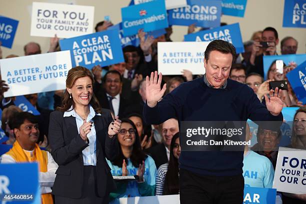 British Prime Minister David Cameron delivers a speech to party supporters at the Dhamecha Lohana Centre on March 7, 2015 in London, England. Mr...