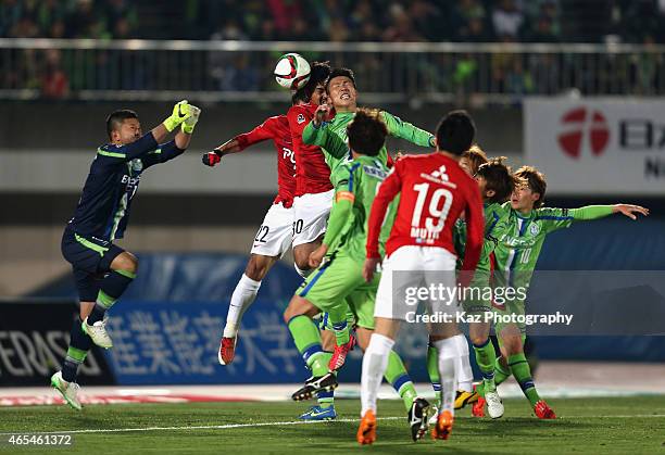 Shinzo Koroki of Urawa Red Diamonds scores his team's first goal during the J. League match between Shonan Bellmare and Urawa Red Diamonds at Shonan...