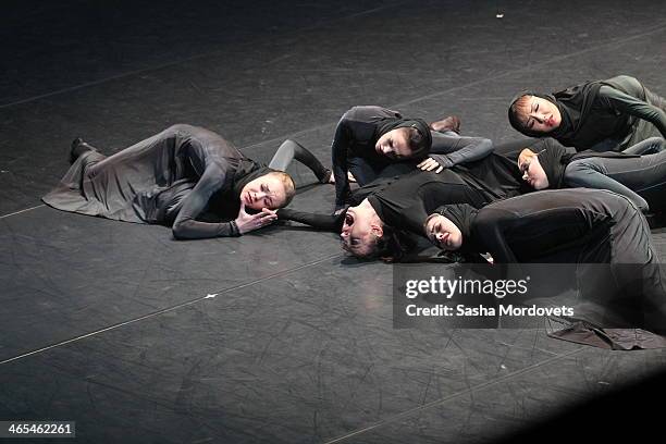 Dancers persfom during premiere of Boris Eifman's Requem ballet in Alexandinsky Theater in January 27, 2014 in St. Petersburg, Russia. Putin attended...