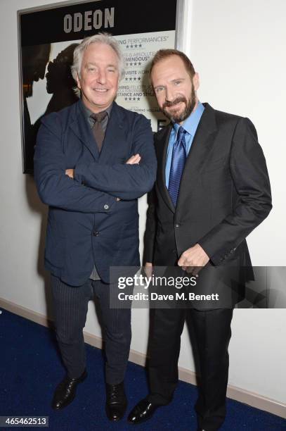 Alan Rickman and Ralph Fiennes attend the UK Premiere of "The Invisible Woman" at the ODEON Kensington on January 27, 2014 in London, England.