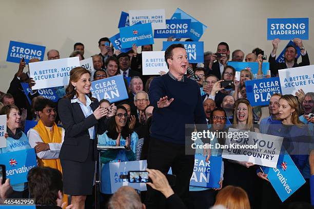 British Prime Minister David Cameron delivers a speech to party supporters at the Dhamecha Lohana Centre on March 7, 2015 in London, England. Mr...