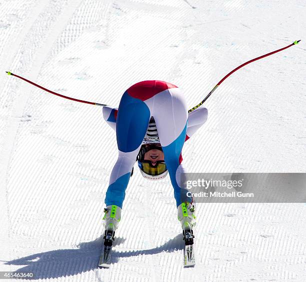Marianne Abderhalden of Switzerland reacts in the finish area after competing in the Audi FIS Alpine Ski World Cup downhill race on March 07 2015 in...