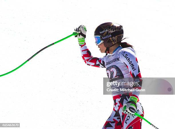 Anna Fenninger of Austria reacts in the finish area after competing in the Audi FIS Alpine Ski World Cup downhill race on March 07 2015 in...