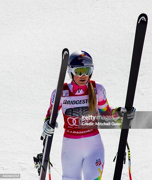 Lindsey Vonn of The USA reacts in the finish area after competing in the Audi FIS Alpine Ski World Cup downhill race on March 07 2015 in...