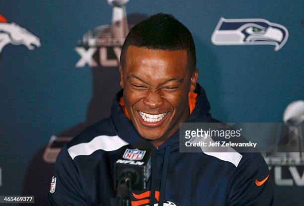 Demaryius Thomas of the Denver Broncos speaks to the media during Super Bowl XLVIII media availability January 27, 2014 in Jersey City, New Jersey....