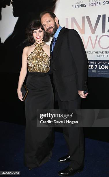 Felicity Jones and Ralph Fiennes attend the UK Premiere of "The Invisible Woman" at ODEON Kensington on January 27, 2014 in London, England.