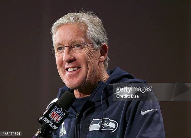 Head coach Pete Carroll of the Seattle Seahawks addresses the media during Super Bowl XLVIII media availability at the Westin Hotel January 27, 2014...