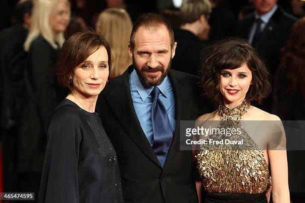 Kristin Scott Thomas, Ralph Fiennes and Felicity Jones attend the UK Premiere of "The Invisible Woman" at ODEON Kensington on January 27, 2014 in...