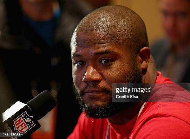 Michael Robinson of the Seattle Seahawks addresses the media during Super Bowl XLVIII media availability at the Westin Hotel January 27, 2014 in...