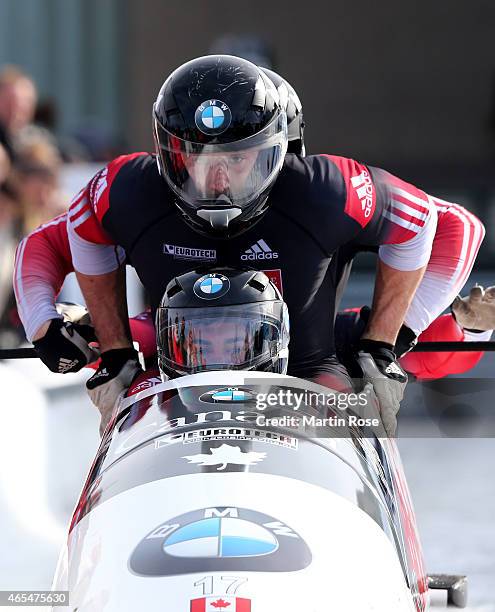 Chris Spring, Derek Plug, Alexander Kopacz and Lascelles Brown of Canada compete in their first run of the four man bob competition during the FIBT...