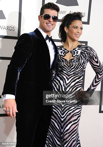 Robin Thicke and Paula Patton arrivals at the 56th GRAMMY Awards on January 26, 2014 in Los Angeles, California.