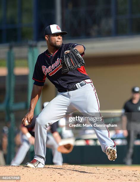 Sugar Ray Marimon of the Atlanta Braves pitches during the Spring Training game against the Detroit Tigers at Joker Marchant Stadium on March 5, 2015...