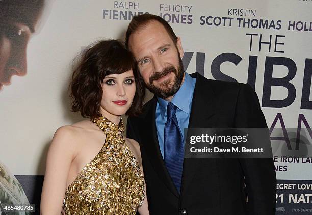 Felicity Jones and Ralph Fiennes attend the UK Premiere of "The Invisible Woman" at the ODEON Kensington on January 27, 2014 in London, England.