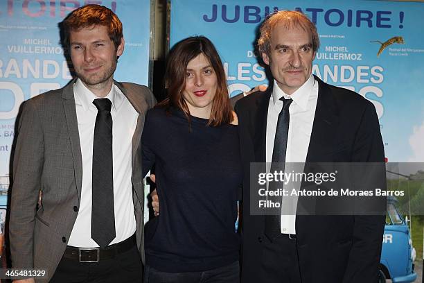 Lionel Baier, Valerie Donzelli and Michel Vuillermoz attend the premiere of 'Les Grandes Ondes' at UGC Cine Cite des Halles on January 27, 2014 in...