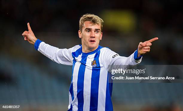 Antoine Griezmann of Real Sociedad celebrates after scoring their second goal during the La Liga match between Real Sociedad de Futbol and Elche FC...