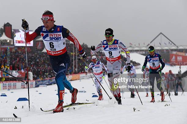 Maxim Vylegzhanin of Russia competes during the Men's 50km Mass Start Cross-Country during the FIS Nordic World Ski Championships at the Lugnet venue...